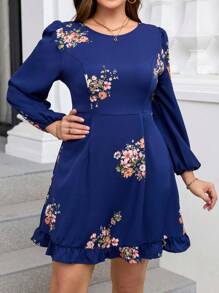 SHEIN Clasi Plus Size Printed Long Sleeve Mini Dress For Women, Autumn - Navy Blue - View 3