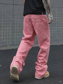 Manfinity EMRG Men's Casual Loose Fit Solid Color Wide Leg Jeans, Belts Not Included - Pink - View 2