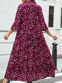 SHEIN LUNE 大码女式全身印花缺口领喇叭袖荷叶边下摆长款优雅连衣裙秋季节日装节日派对连衣裙 - 酒紅色 - 查看 2