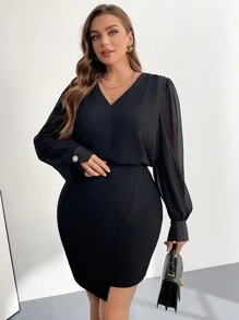SHEIN Privé Conjunto elegante y cómodo de camisa de manga larga de escote en V semitransparente sexy negra y falda ceñida elegante y estilizada de talla grande para otoño e invierno, ropa de mujer para otoño, ropa de oficina, ropa de trabajo, conjunto casual de negocios, conjunto de falda, mujeres, fiesta de Navidad, conjuntos cómodos, atuendos elegantes - Negro - Ver 1