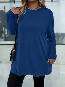 Camiseta casual de manga larga con cuello redondo y hombros caídos, de unicolor, para mujer de talla grande, otoño - Azul - Ver 5