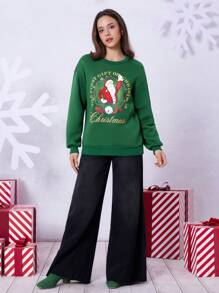 THE POLAR EXPRESS X SHEIN Women Green Santa Claus Graphic Print Fleece Sweatshirts, For Christmas Winter Christmas Sweatshirt Crew Neck Sweatshirt Warm  Cold Weather  Thermal New Year Eve Holiday - Green - View 4