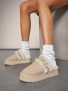 SHUZIA Giày đế bằng lông cừu Sherpa dễ thương hàng ngày cho nữ - Màu be - Xem 3