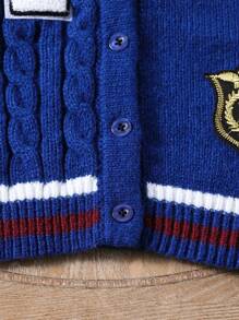 SHEIN Young Boy V-Neck Cable Cable & Letter Applique Button Front Long Sleeve Cardigan - Royal Blue - View 5