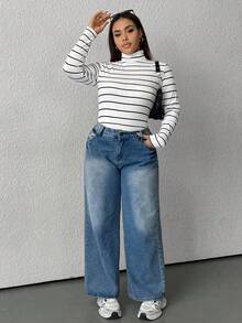 CovetEZ 秋冬季大码高领条纹针织打底毛衣 - 黑色 - 查看 5