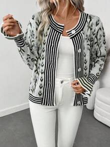 SHEIN LUNE Striped Print Front Button Casual Knit Long Sleeve Cardigan Fall Cloth For Women - Multicolor - View 3