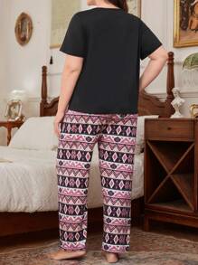 Plus Size Pattern Elephant Print Short Sleeve Pajama Set - Multicolor - View 2