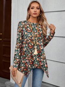 EMERY ROSE 女式休闲碎花不对称下摆 T 恤，秋季 - 彩色 - 查看 5