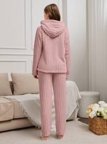 SHEIN Cottnline 2Pcs Plush Panda Embroidery Detail PJ Set - Dusty Pink - View 2