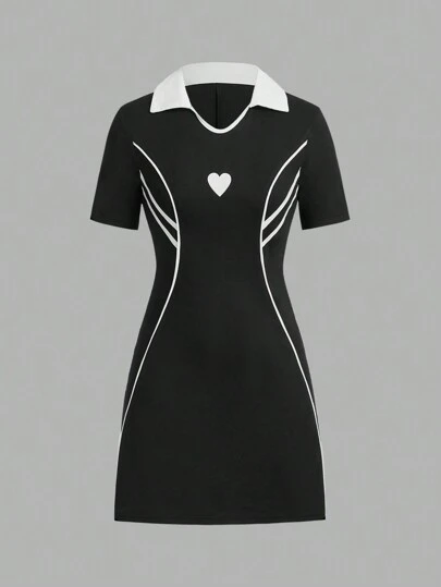 SHEIN Sports Women's Casual Colorblock Short Sleeve Heart Print Shift Dress Tennis Dress