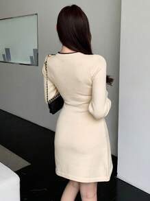 DAZY 女士优雅拼色修身毛衣裙，适合秋冬季，秋季女装 - 米色 - 查看 5