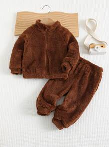 Cozy Pixies 2pcs Baby Boy Solid Thermal Lined Zipper Front Collared Jacket And Elastic Waist Fuzzy Pants Set, Casual Outfit Suitable For Autumn/Winter Indoor/Outdoor Wear