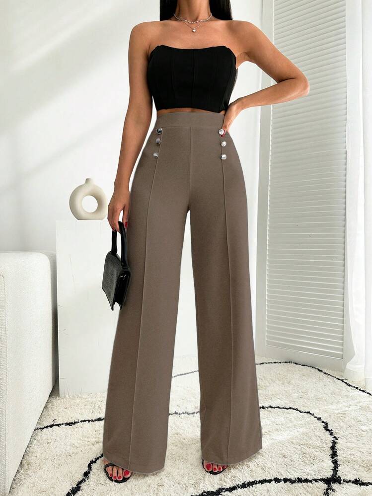 EURMUSE Pantalón palazzo de pierna ancha blanco con detalles de botones - Marrón Mocha - Ver 6