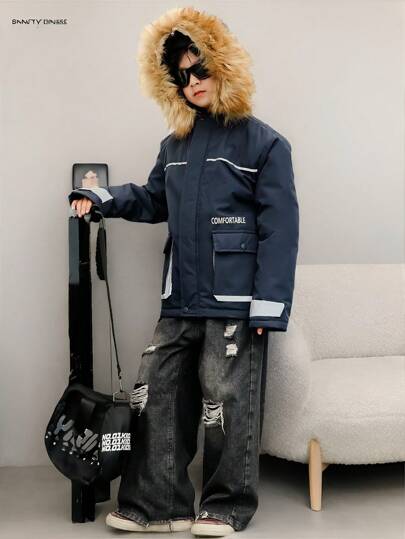 1 件 Tween Boy 保暖内衬连帽加厚派克大衣，防风保暖外套，适合 20°C 以下户外穿着