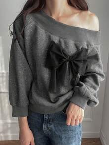 FRIFUL 1 件女士休闲露肩蝴蝶结装饰运动衫，秋冬 - 灰色 - 查看 6