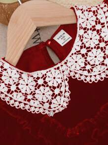 1 Peça Vestido de Veludo Preto de Manga Longa com Babado no Colarinho, Estilo Casual Jovem, Adequado para Outono/Inverno - Vermelho - Visão 3