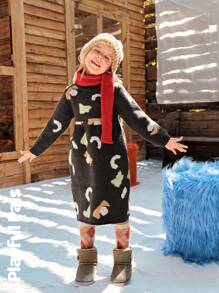 SHEIN 女童提花图案长袖可爱毛衣裙，秋冬 - 彩色 - 查看 7