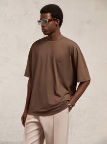 AKNOTIC Business Casual Áo thun nam cổ tròn tay ngắn in họa tiết hoa, dáng rộng, cổ trễ vai, phù hợp mặc hàng ngày, áo phông hình hộp Old Money, quà tặng bạn trai - Cà phê nâu - Xem 5