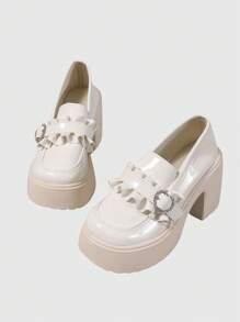 ROMWE Kawaii 甜美酷炫厚底牛津鞋，高跟，洛丽塔风格，心形扣和花卉装饰，学生玛丽珍鞋 - 白色 - 查看 5