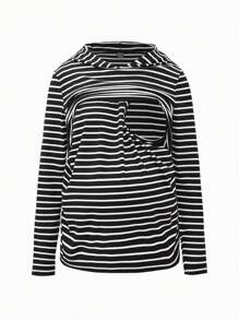 SHEIN Maternity 2pcs Women Fitted Striped Hooded Long Sleeve Tops, Nursing