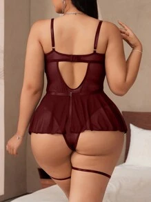 SHEIN 4 件套大码性感网眼蕾丝拼布泰迪内衣套装 - 酒紅色 - 查看 2