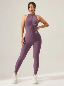 Cheerettes 女式字母印花拉链半襟日常健身背心搭配连体裤 - 摩卡棕 - 查看 5