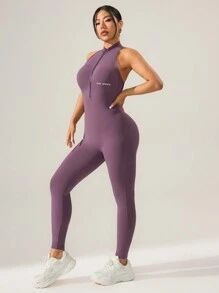 Cheerettes 女式字母印花拉链半襟日常健身背心搭配连体裤 - 摩卡棕 - 查看 6