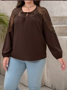 INAWLY Camicia lunga in pizzo, elegante e sexy con maniche lunghe, adatta per uso casual, lavoro e attività all'aperto - Castano - Visualizzare 5