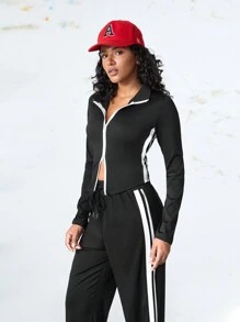 SHEIN Casual Women Zip Closure Contrast Color Jacket And Pants Suit Set - Black - View 8