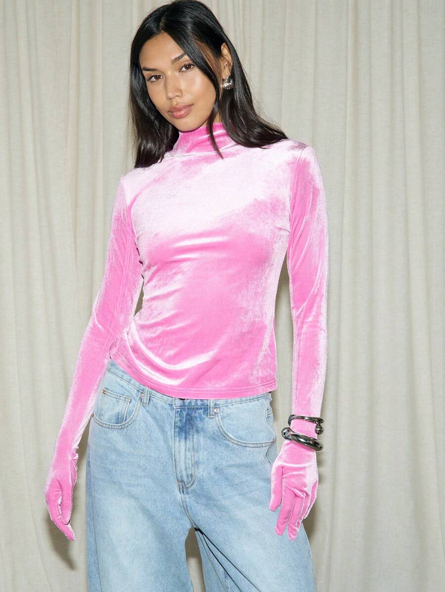 AiiRZ 天鹅绒立领修身上衣配手套 - 粉色 - 查看 1