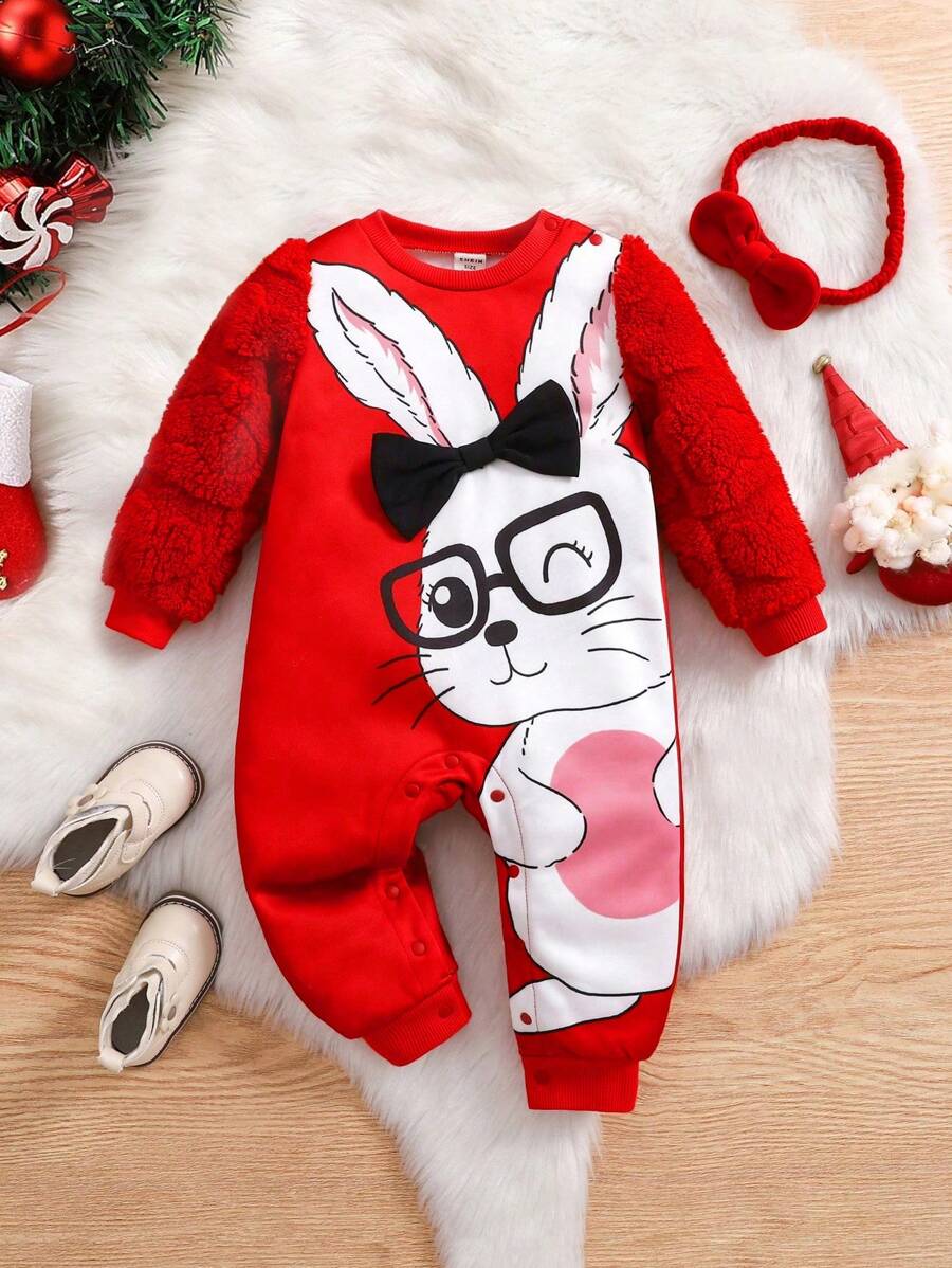 SHEIN Baby Girl Cute Bunny Print Red Thick Furry Jumpsuit, Easy On/Off With Headband, Suitable For Christmas - Red - View 1