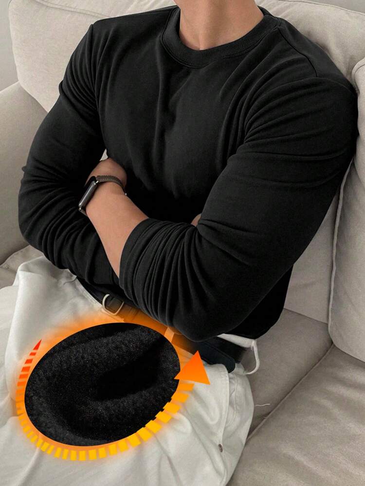 Men's Plain Black Fleece Crew Neck T-Shirt, Autumn/Winter