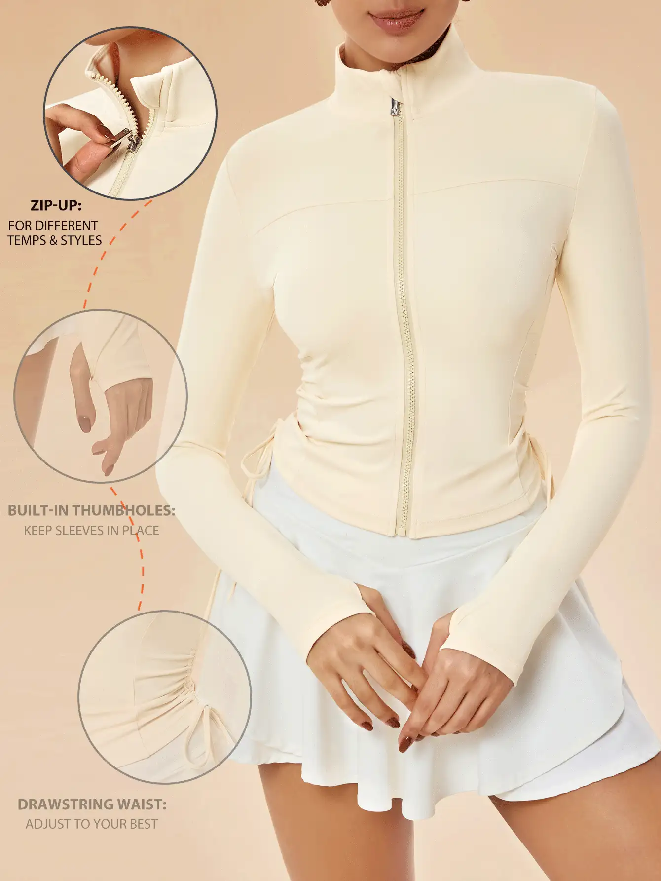 SHEIN Sports Women Solid Color Long Sleeve Zip-Up Fitted Athletic Jacket - Apricot - View 2