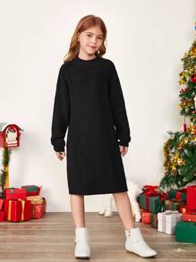Tween 女童舒适纯黑色长袖毛衣连衣裙圆领针织连衣裙，时尚优雅假日套头衫，秋冬 - 黑色 - 查看 9