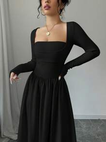 Selianne 女士二合一圆领长袖收腰 A 字下摆连衣裙长款女装 - 黑色 - 查看 3