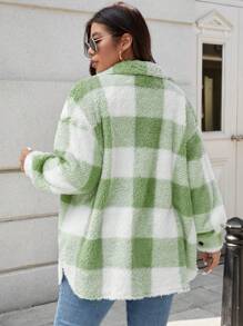 SHEIN LUNE Áo khoác nữ cỡ lớn tay dài kẻ caro có túi, dáng rộng, bồng bềnh, màu xanh lá cây, thích hợp cho mùa thu/đông, giữ ấm mùa lễ hội. - màu xanh lá - Xem 2