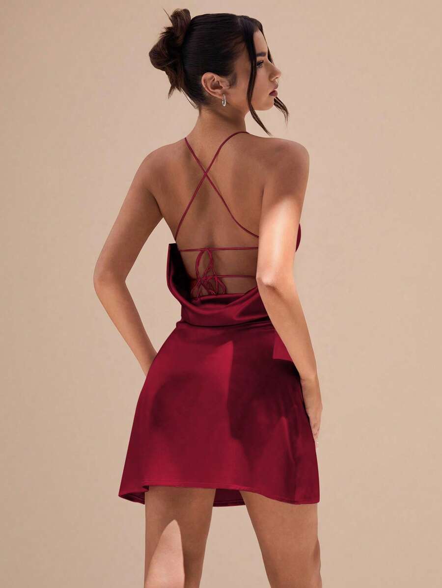 Glamine 1 件女式纯色交叉后背锁眼前开衩迷你性感吊带连衣裙，春夏复古连衣裙，情人节约会连衣裙 - 紅色 - 查看 1