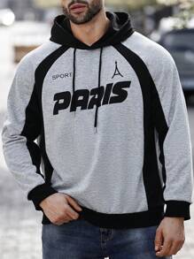 Manfinity Homme Plus Size Men's Solid Color Splice Long Sleeve Letter Print Minimalist Casual Hoodie - Multicolor - View 6