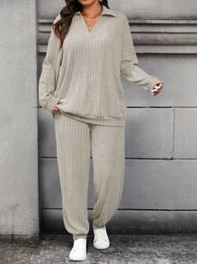 Calvaya 2pcs/Set Plus Size Solid Color Ribbed Long Sleeve Top And Drawstring Long Pants Fall - Apricot - View 3