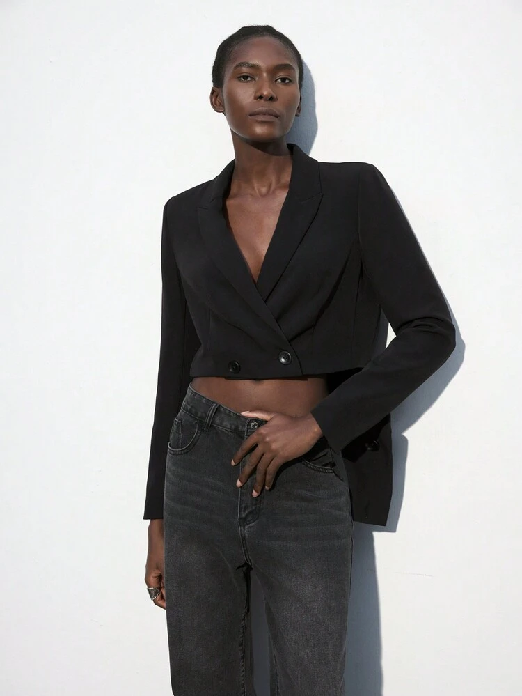 SHEIN Maija 冬 ブラック コミューター スタイリッシュ アーバン 半袖スーツジャケット フロントボタン ウエスト マルチファンクション スプライス