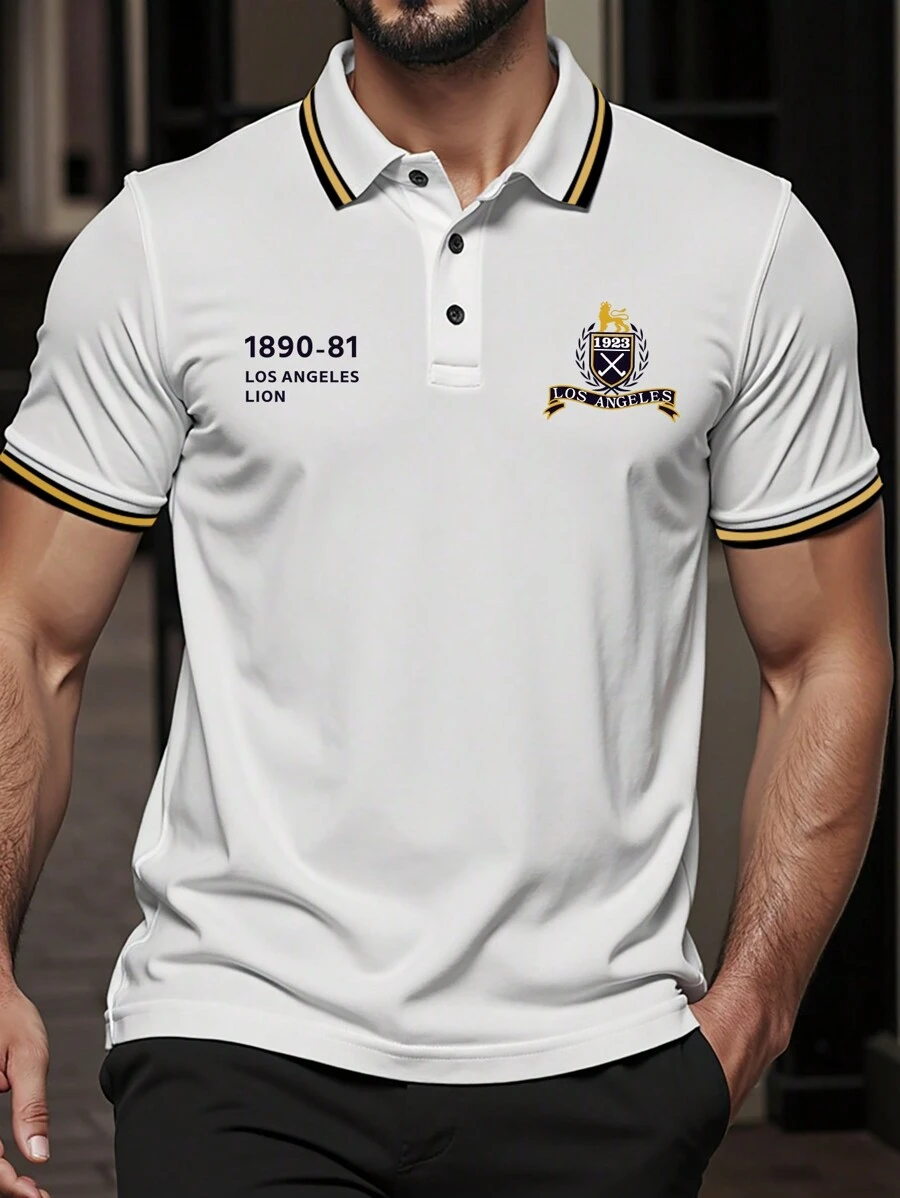 Manfinity Homme Men's Stripe & Letter Print Short Sleeve Casual Commuter Polo Shirt