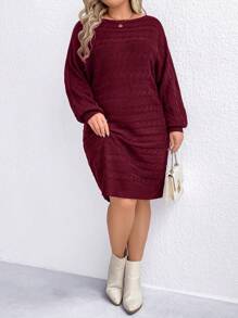 SHEIN LUNE Plus Size Twist Floral Patterned Wine Red Batwing Sleeve Sweater Dress, Casual Autumn/Winter - Burgundy - View 3