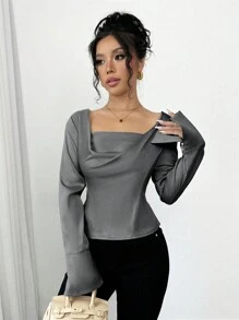 Elenzga Áo cánh tay dài ôm sát, xòe cổ tay thanh lịch, vai trễ - Xám - Xem 5