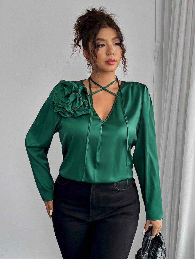 SHEIN Unity Plus Size Plain Tie Front Long Sleeve Blouse With 3D Floral Decor, Simple Design Fall Cloth For Women - Dark Green - View 4