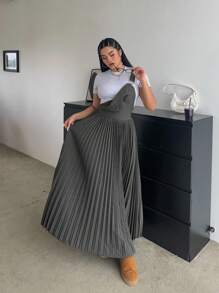 Flirla 1 件女式纯色褶皱吊带连衣裙，韩版简约宽松带口袋，适合夏秋季 - 淺灰色 - 查看 6
