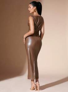 SHEIN BAE Women Sleeveless Fitted Long Dress - Brown - View 2