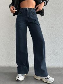 SHEIN Cottnline High Waist Straight Leg Jeans - Navy Blue - View 5