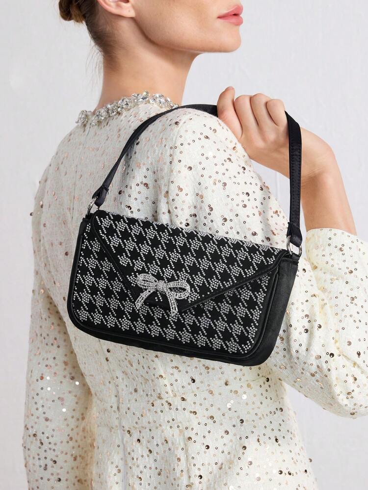 HOUNDSTOOTH BOW RHINESTONE DECOR SHOULDER BAG