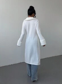 Aloruh Ladies' Long Cardigan With Plush Fabric Patchwork Design, Autumn/Winter New Arrival - White - View 2