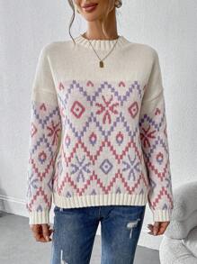Chiquease Women Winter Cute Geo Pattern Crew Neck Long Sleeve Casual Sweater - Apricot - View 3